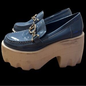 Blue platform loafers with a 4.5" heel